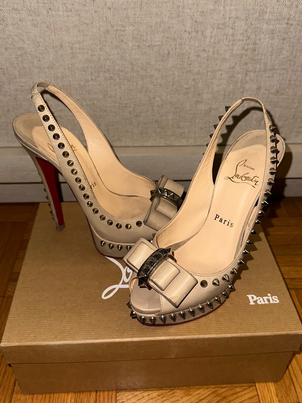 Christian Louboutin Nude Bow Stud Slingback Heels